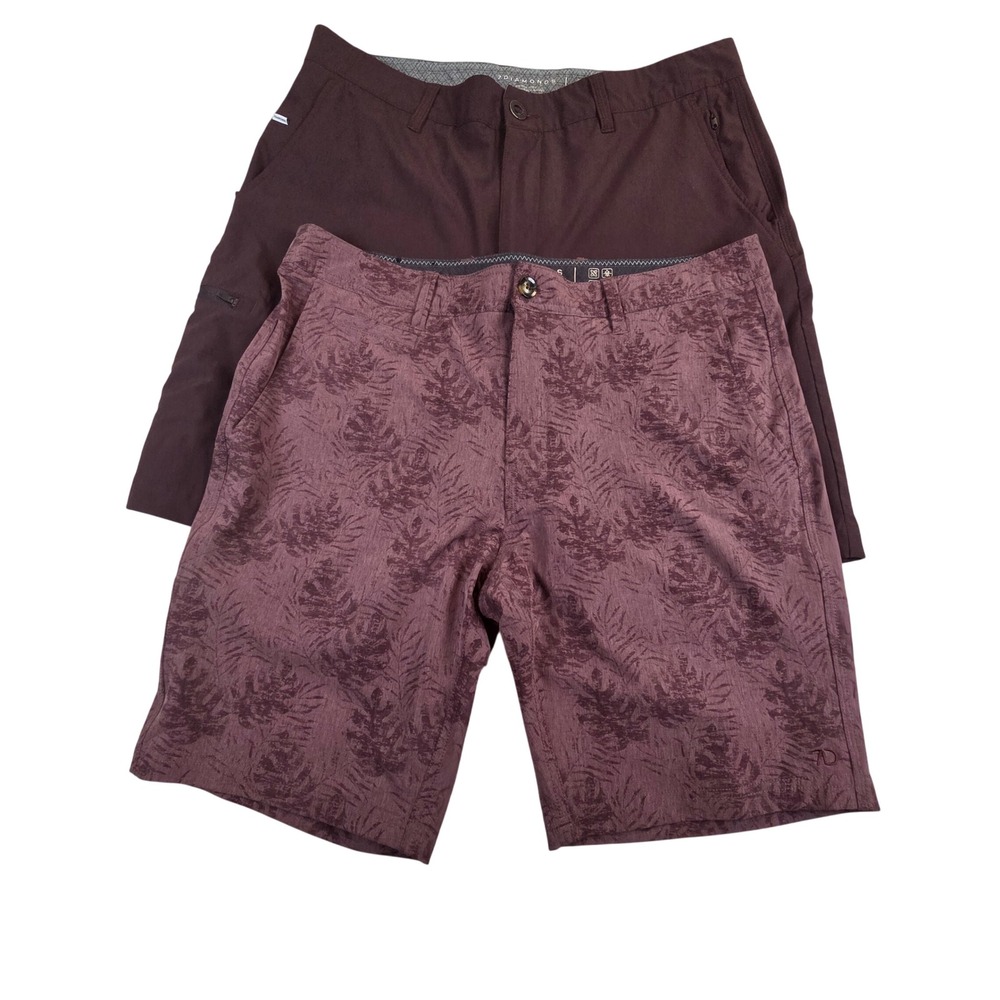 7 Diamonds Performance Shorts‎ (Lot 2) Mens 34 Burgundy Maroon Floral